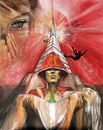 Wandbild Der Turm / Sakis-Tarot, gemalt von Jopie Bopp, Leinwandbild Tarotkarte der Turm, Hochformat Farbe Rot