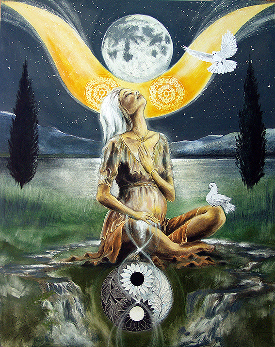 Wandbild Die Weise Frau, Sakis-Tarot, als Original Gemälde, Leinwandbild, Kunstdruck, Poster, gemalt von Jopie Hochformat Farbe Grün