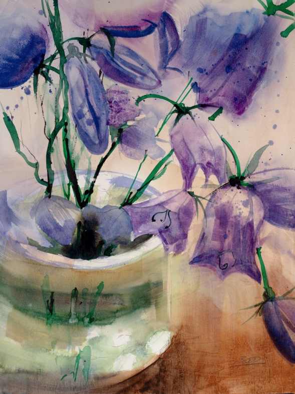 Wandbild Glockenblumen, Aquarell gemalt von Jopie Bopp, Hochformat, Bunt, Blumenaquarell #Jopie #Blumenaquarell #Blumen #Aquarell