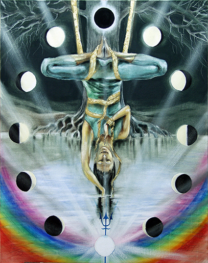 Wandbild Der Gehängte / Sakis-Tarot, gemalt von Jopie Bopp, Leinwandbild Tarotkarte, Hochformatiges Wandbild Farbe Bunt, Hängender Mann, Mondphasen und Lebensbaum
