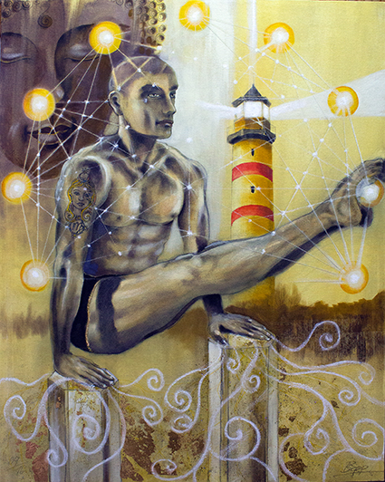 Wandbild Tarotkarte der Eremit, gemalt von Jopie Bopp / Sakis-Tarot, Turner im Stütz, Hochformat, Farben Braun und Gelb, als Original Gemälde von Künstler Jopie Bopp oder als Leinwanddruck, Poster kaufen. 