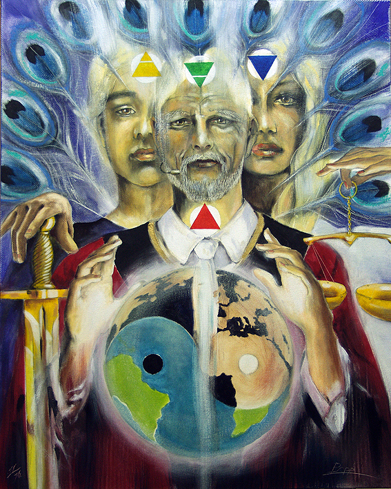 Wandbild Die Gerechtigkeit / Sakis-Tarot, gemalt von Jopie Bopp, Leinwandbild Tarotkarte, Hochformat Bunt, Planet Erde im Wandel