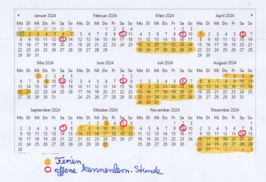 Termine  2023 (gelbe Tage Urlaub,rote Kreise Feiertage)