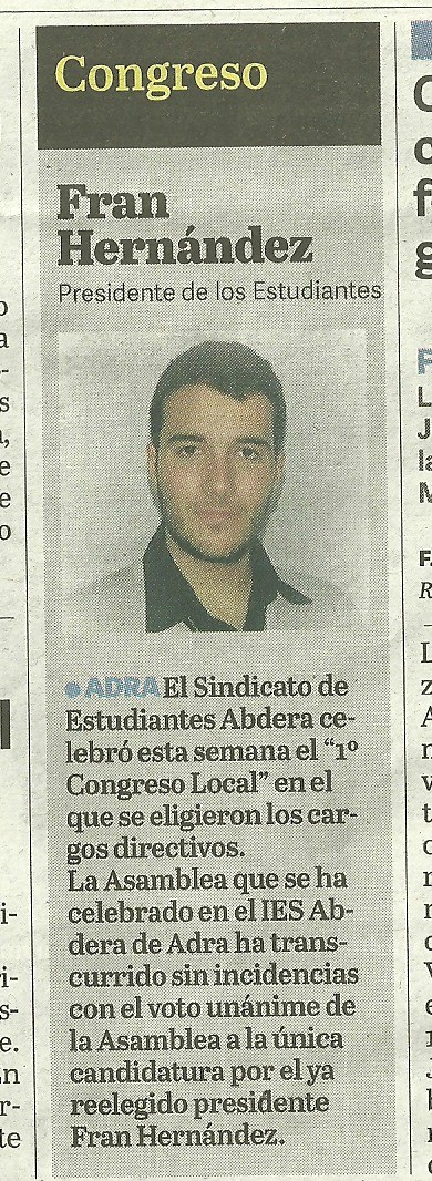 El diario "La voz de Almería" se hace eco de la victoria en el 1er. Congreso Local del Sindicato de Estudiantes Abdera.