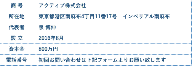 アクティブ株式会社　東京都港区南麻布４丁目１１番１７号　インペリアル南麻布　代表取締役泉博伸　２０１６年８月設立　資本金８００万円