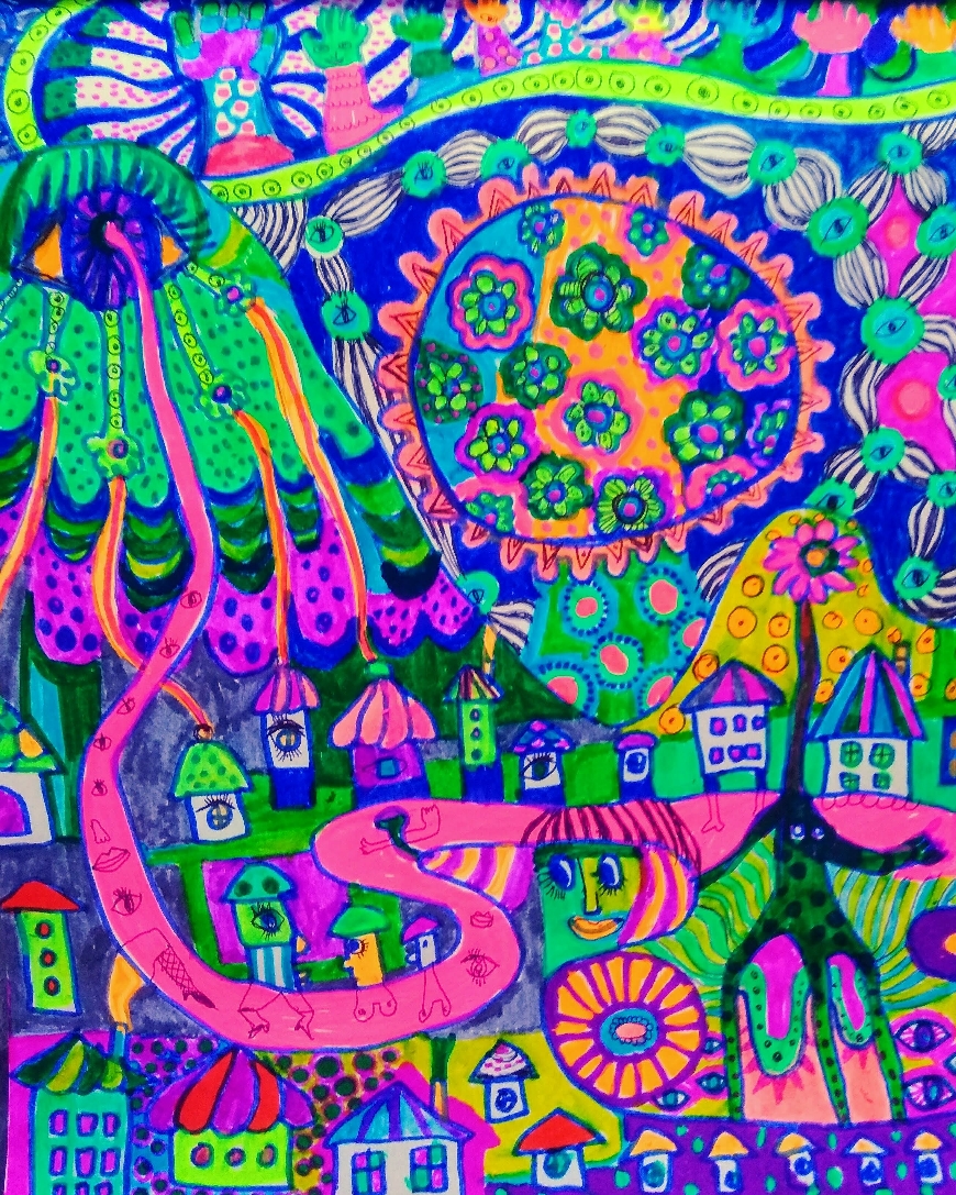 「シャウエンの山裾の町」　23×19㎝　Color pen,Ballpoint pen,Paper  2018