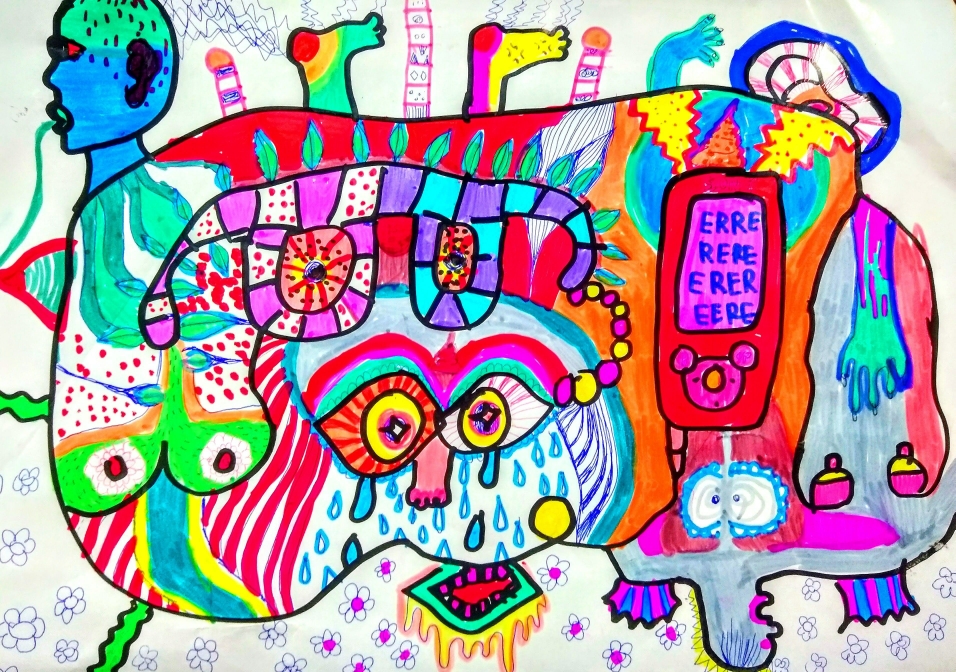 「コンタクトもメガネもスマホも壊れた」　22×33㎝　Color pen,Ballpoint pen,Paper  2018