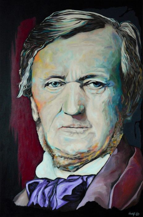 Ein Acrylgemälde auf Leinwand zeigt ein realistisches Porträt von Richard Wagner, dem berühmten deutschen Komponisten. Der dunkle Hintergrund lenkt die Aufmerksamkeit auf Wagners ausdrucksstarke Gesichtszüge, während dezente Farbakzente Tiefe und Lebendig