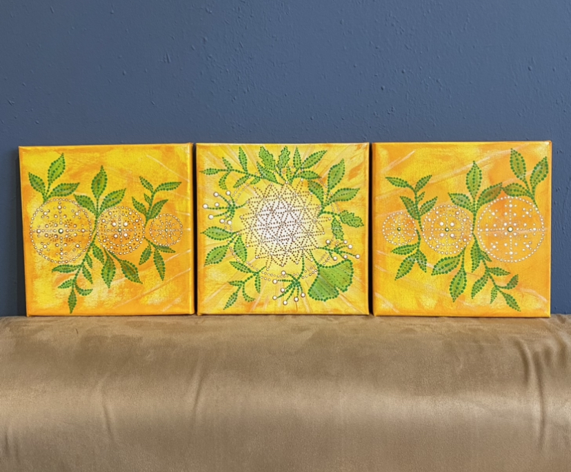 Die Mitte zeigt eine "Blume des Lebens" im Sonnenlicht. 3 Bilder Bildgröße 20 x 20 cm