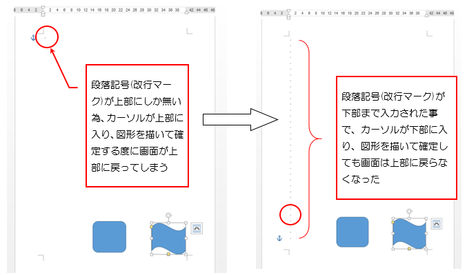 ワード(Word) 図形を描いているときに画面表示が上部に戻ら ワード(Word) 図形を描いているときに画面表示が上部に戻ら