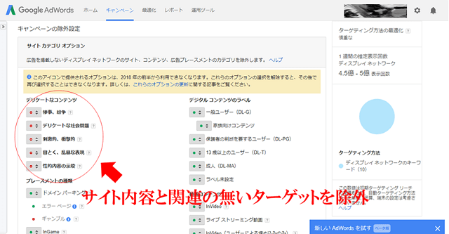 旧アドワーズ管理画面でターゲット設定の除外をしている場面