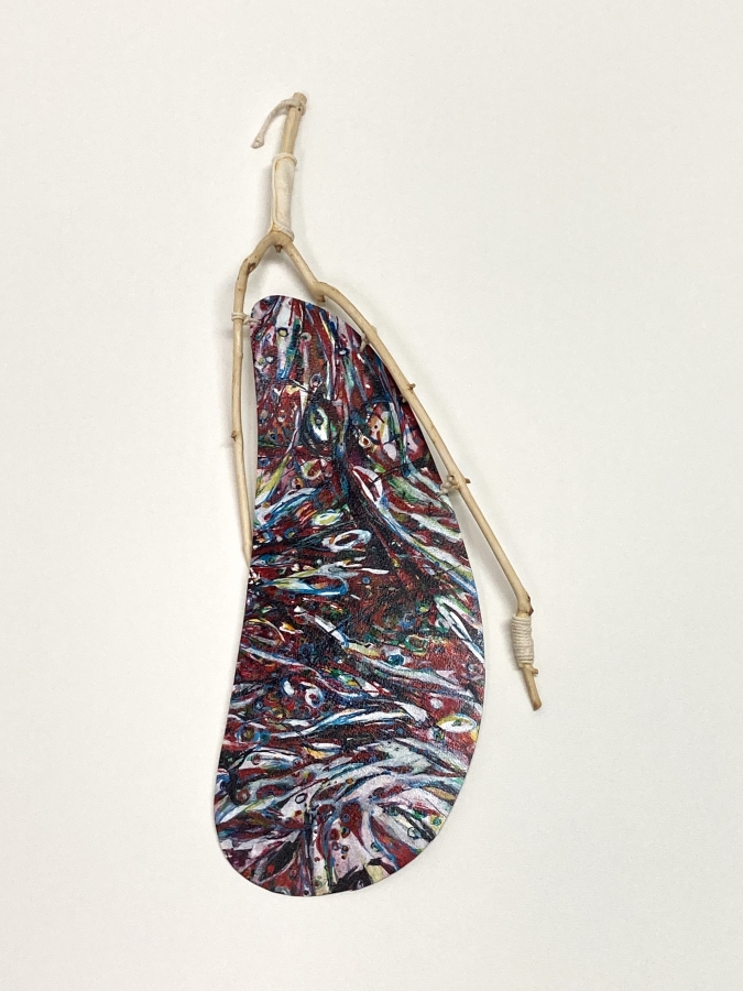Cosmic Leaf k-1, acrylic ink assemblage,21.5x8.5", 2024
