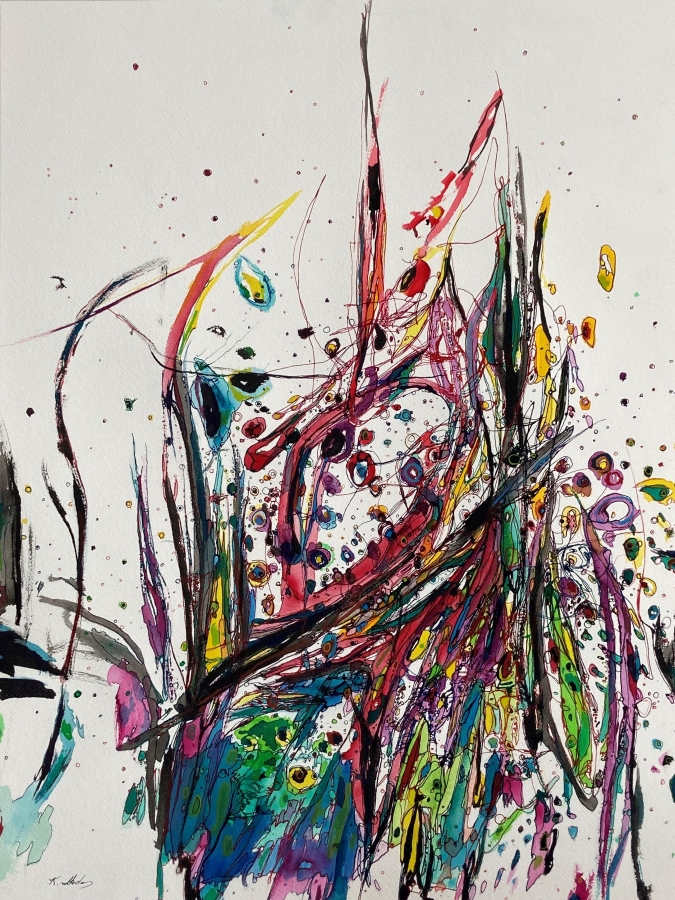 "The World of Cosmic Tree #19", acrylic ink drawing, 24x18" ,2023, $700