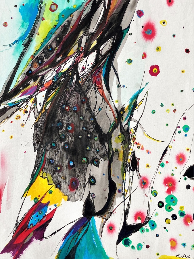 "The World of Cosmic Tree #9", acrylic ink drawing, 24x18" ,2023, $700