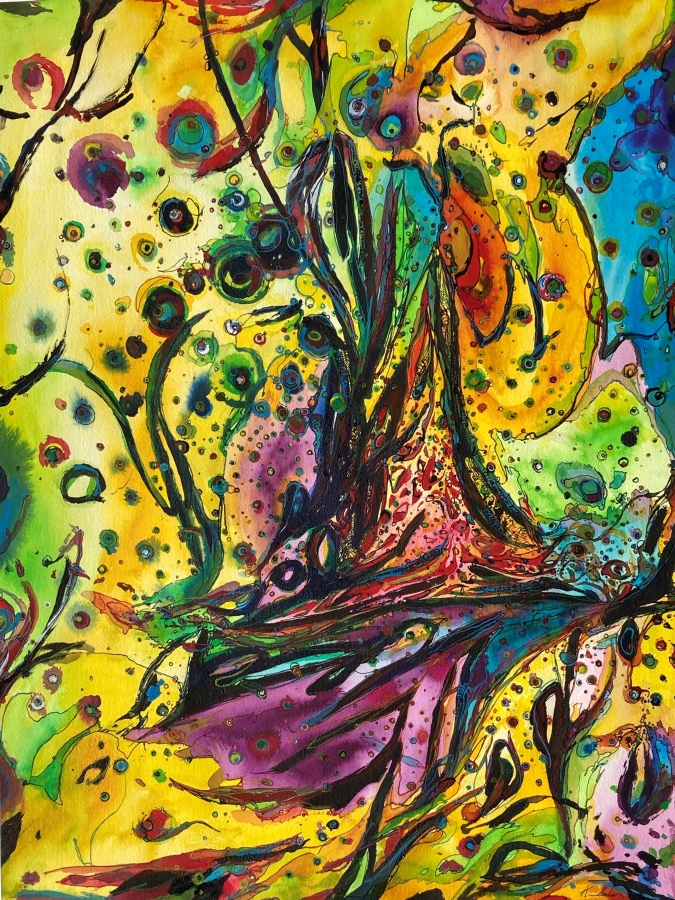 "The World of Cosmic Tree #13", acrylic ink drawing, 24x18" ,2023, $800