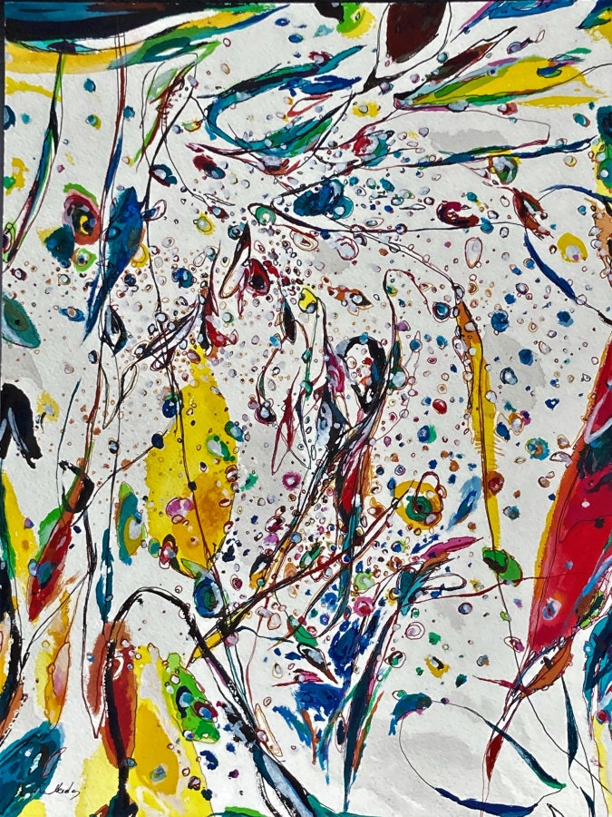 Views of Cosmic Tree #6 Acrylic ink over watercolor paper 16”x12” (2024)
