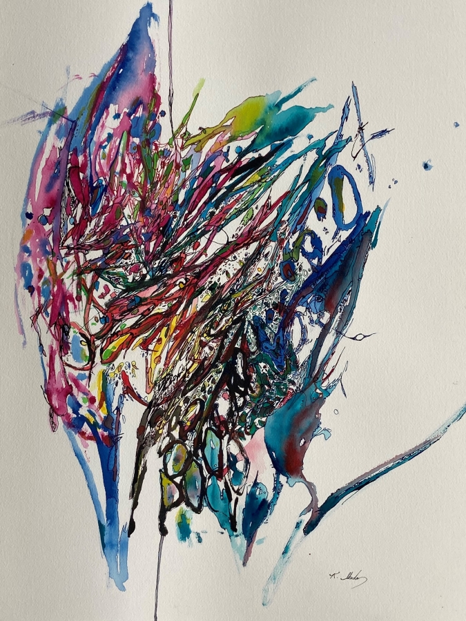 "The World of Cosmic Tree #18", acrylic ink drawing, 24x18" ,2023, $600