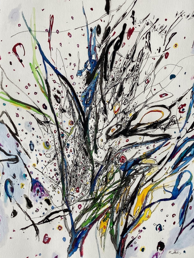 The World of Cosmic Tree #16", acrylic ink drawing, 24x18" ,2023, $700