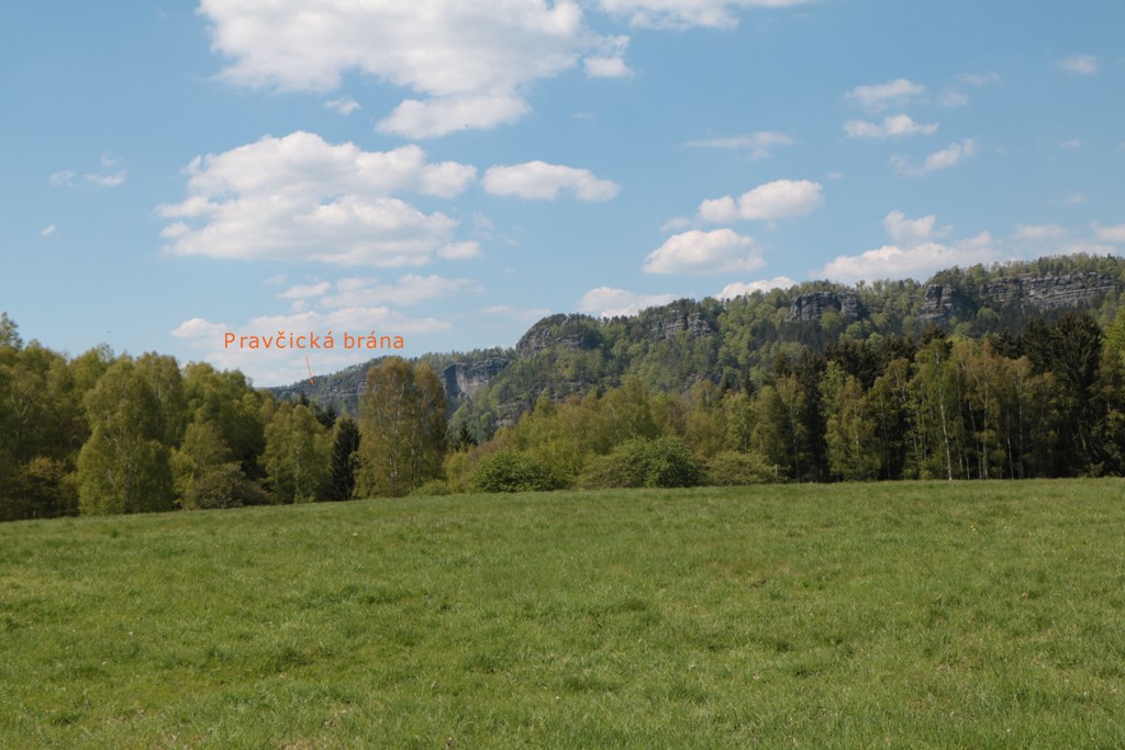 Auf der schnuckeligen Baumallee nach Rainwiese (Mezni Louka) sehen wir weit hinten links unser Wanderziel, oh je!