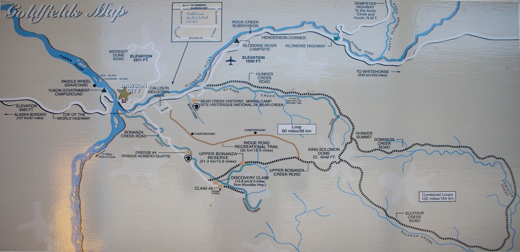Die Goldfelder Karte um Klondike River und Bonanza Creek