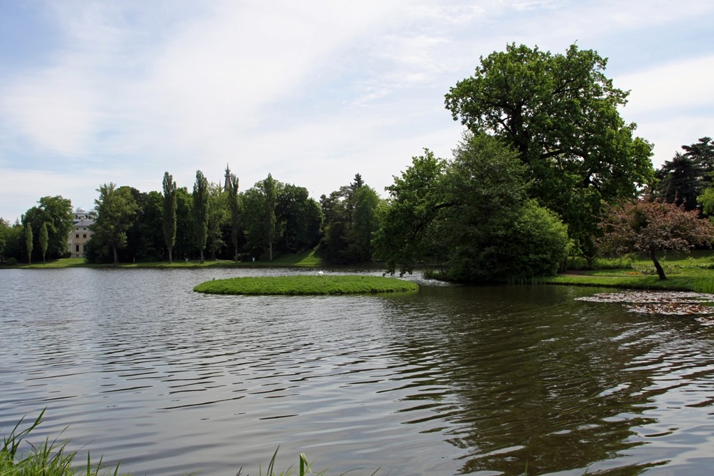 Schloss, sowie Schwaneninsel und Roseninsel im Wörlitzer See