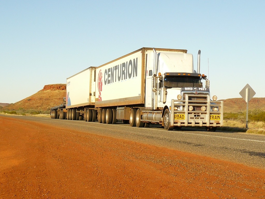 Die Road Trains brettern besonders in WA über die HWY´s, Wachsamkeit ist hier echt gefragt, wenn solch ein "Monster" heranfliegt! Die Reifendurchmesser betragen 3,00 m, das Leergewicht 200 t und die Zuladung auch 200 t, Dieselverbrauch ca.