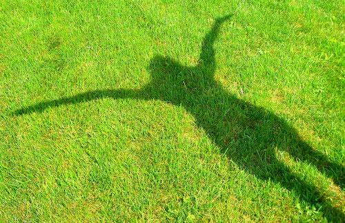 Schatten einer Person mit ausgebreiteten Armen auf einer sonnigen Rasenfläche.
