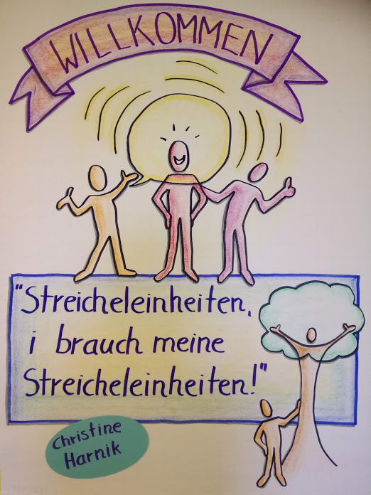 Handgezeichnetes Willkommensplakat mit drei Figuren, dem Schriftzug ‚Willkommen‘ und dem Text ‚Streicheleinheiten, i brauch meine Streicheleinheiten!‘ sowie dem Namen ‚Christine Harnik‘.