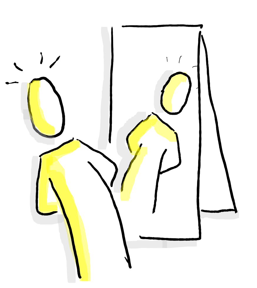 Illustration einer abstrahierten Person, die ihr Spiegelbild in einem Spiegel betrachtet.
