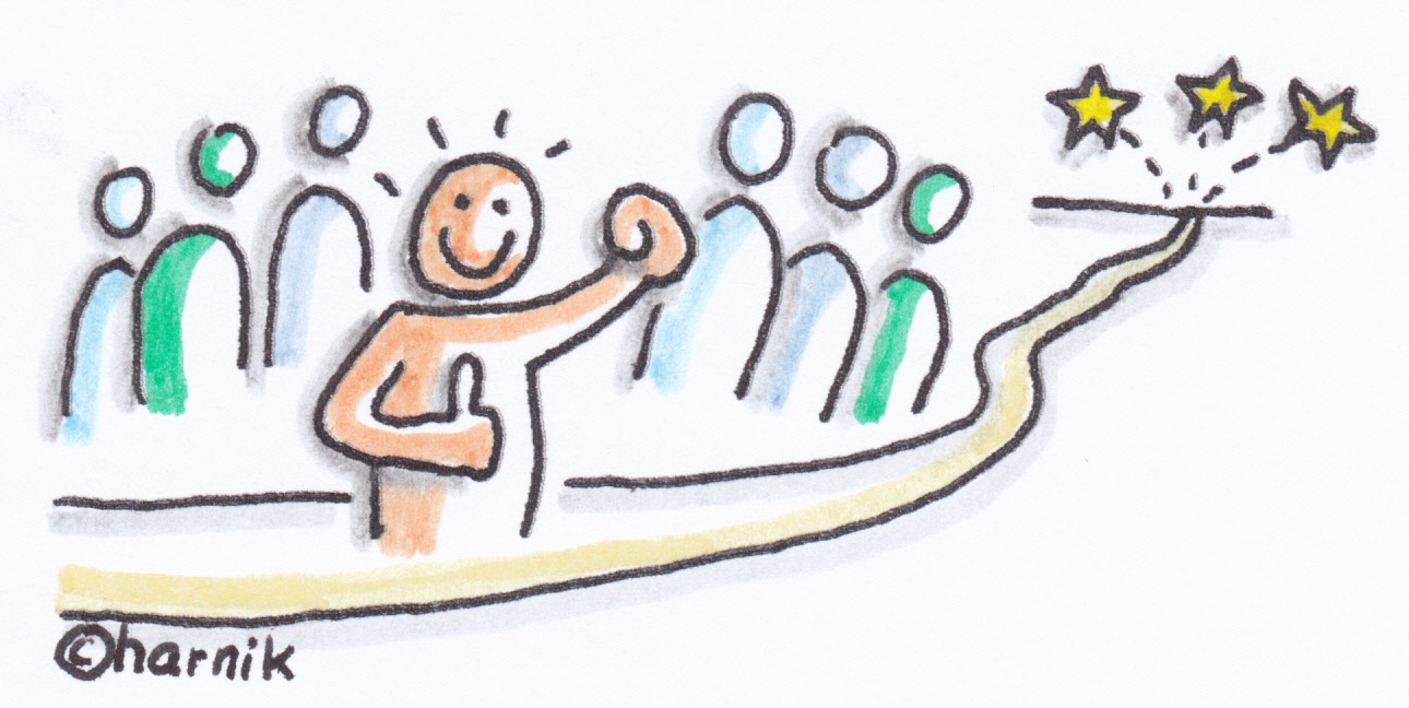 Illustration einer abstrahierten Person vor einer Gruppe; ein Weg führt zu drei Sternen.