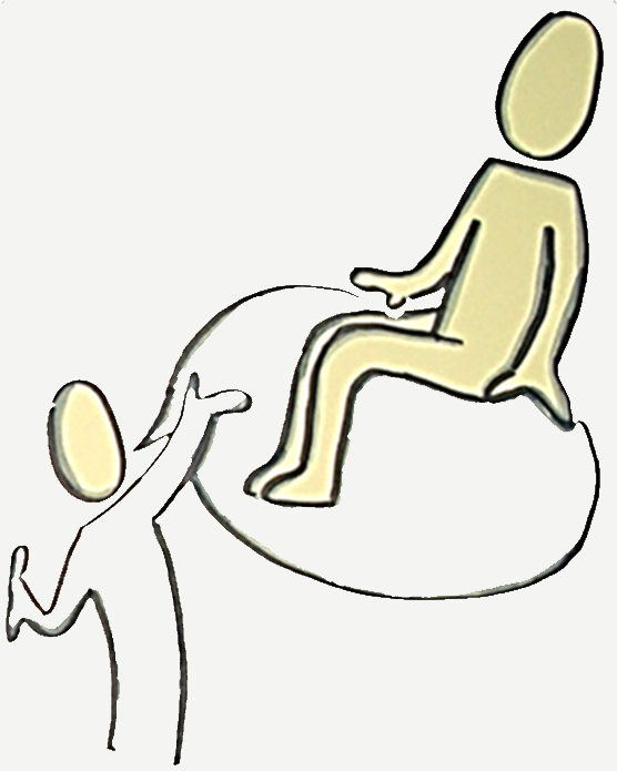 Illustration zweier abstrahierter Personen; eine sitzt auf einer schwebenden Sprechblase, die andere reicht ihr die Hand.
