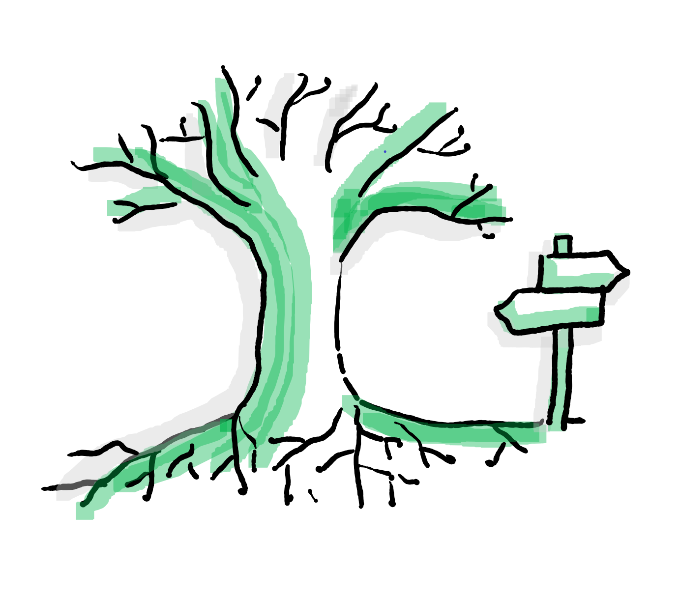 Illustration eines Baums mit sichtbaren Wurzeln und einem Wegweiser am rechten Bildrand.