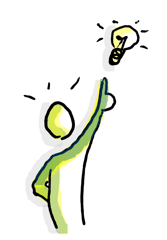 Illustration einer abstrahierten Person, die auf eine leuchtende Glühbirne zeigt.