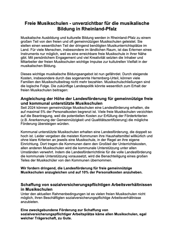 Landtagswahl - Stellungnahmen der Parteien und Kandidaten zur Musikschulförderung
