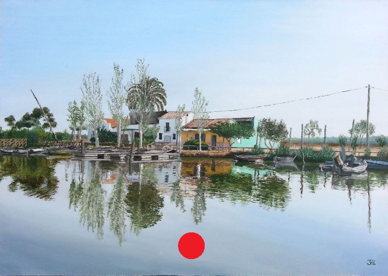 Óleo del puerto de Catarroja con barcas, casas del restaurante Casa Baina y la cofradía de pescadores reflejadas en el agua. Pintado en 2017.