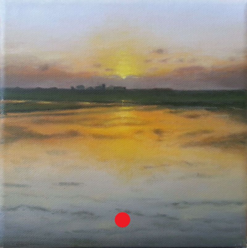 Puesta de sol sobre arrozales inundados, con reflejo dorado en el agua y silueta oscura del horizonte.