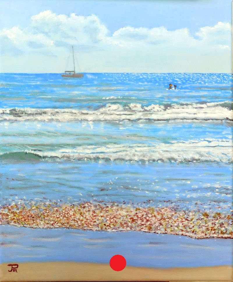 Óleo realista “Velero en la playa V” con velero fondeado y bañista en la orilla – Joaquín Pardo