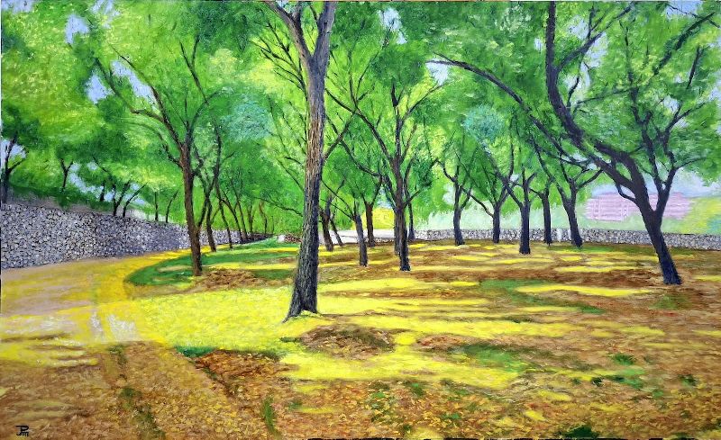 Óleo realista ‘Bosquecillo en el Parque de Cabecera’ con luz natural y vegetación – Joaquín Pardo