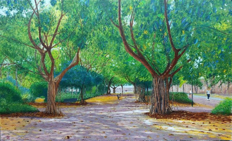 Óleo realista “Jardín del Turia – Capitanía” con edificio histórico y vegetación – Joaquín Pardo
