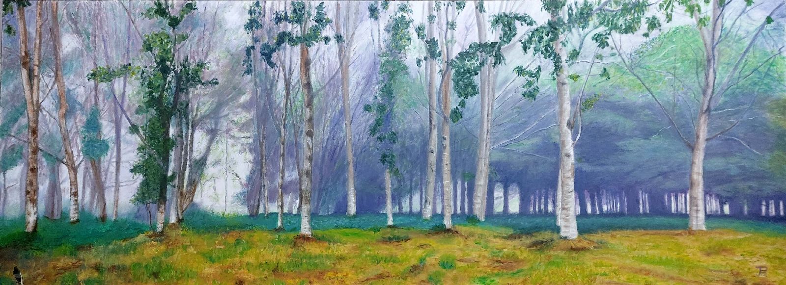 Óleo realista “Bosque con niebla” con árboles y ambiente brumoso – Joaquín Pardo