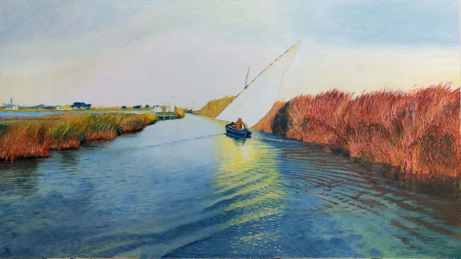 Barca navegando por la acequia del Puerto de Catarroja entre carrizos iluminados al atardecer.