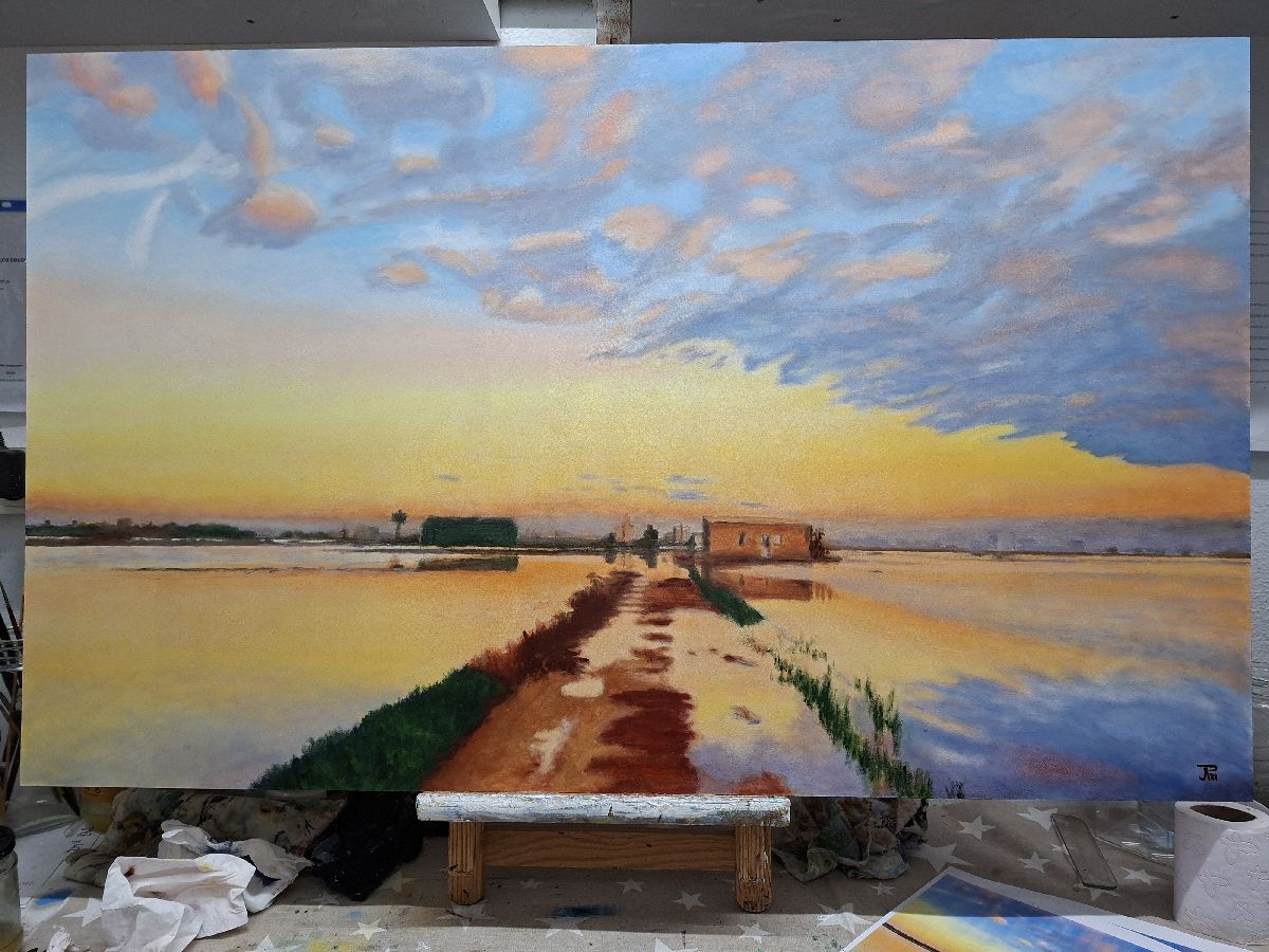 Detalle del óleo -La Perelloná- con reflejos dorados en el agua – Joaquín Pardo