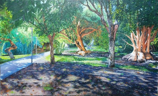 Óleo realista “Jardín del Turia – Ciudadela” con árboles de formas irregulares y sendero iluminado – Joaquín Pardo