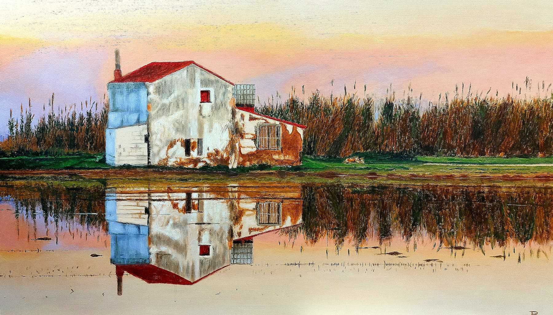 Óleo realista “Atardecer colorido” con cielo vibrante y reflejos cálidos – Joaquín Pardo