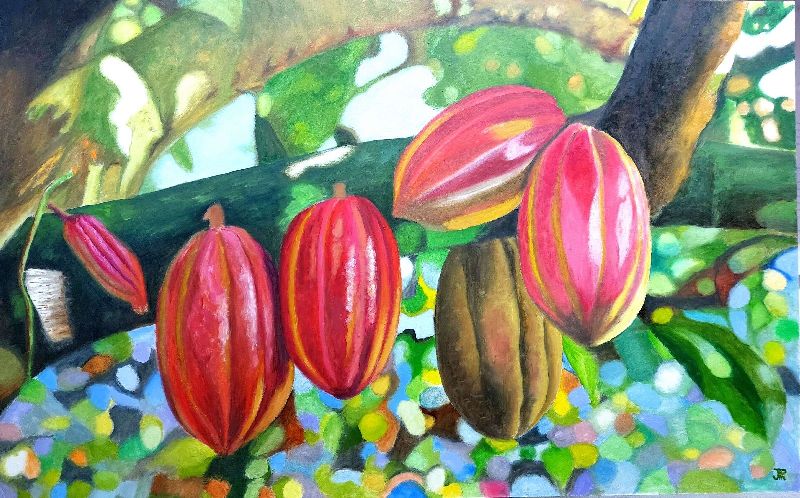 Óleo realista “Cacao fucsia” con fruto de cacao y tonos intensos – Joaquín Pardo