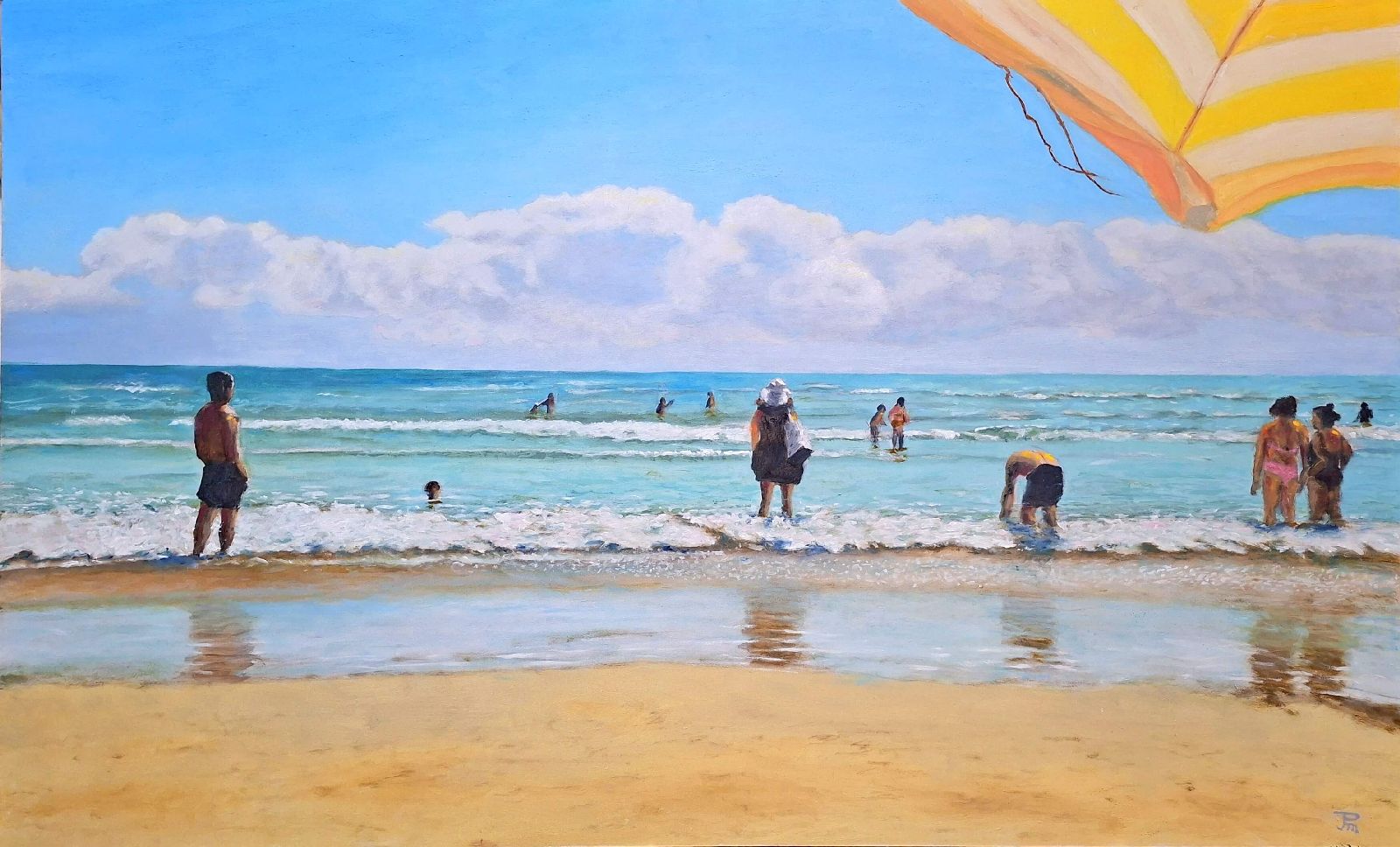 Oleo realista"Bajo La sombrilla"con escena mediterránea y luz natural - Joaquin Pardo