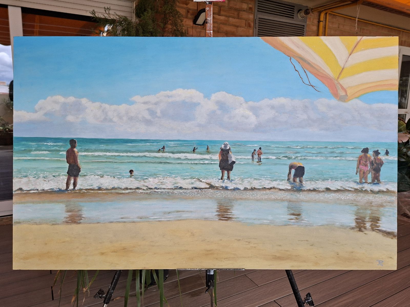 Detalle de pintura  "Bajo La sombrilla"con escena mediterránea y luz natural - Joaquin Pardo