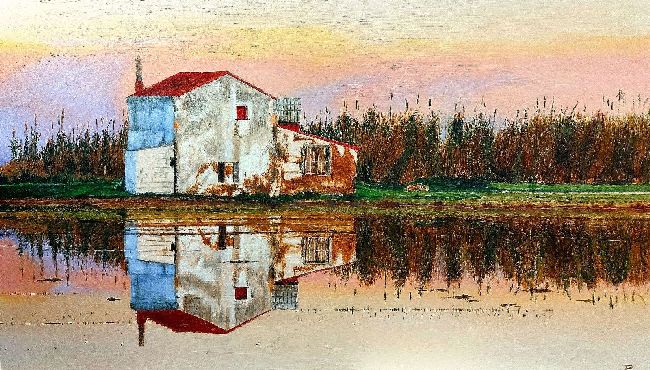 Óleo realista “Atardecer colorido” con cielo vibrante y reflejos cálidos – Joaquín Pardo