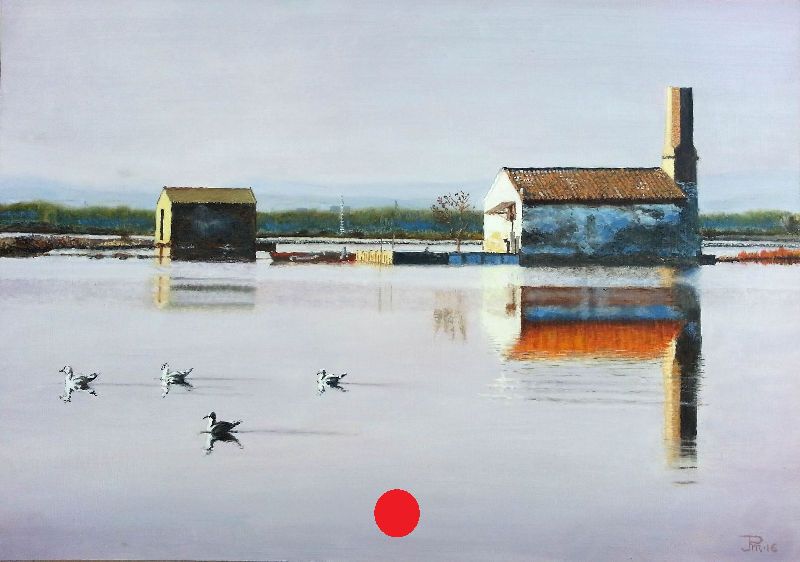 Edificios reflejados en aguas tranquilas al atardecer, con varios patos deslizándose en primer plano.