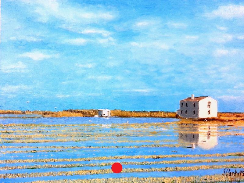 Pintura original de campos de arroz recién segados, aun con los surcos de paja, pintado por Joaquin Pardo